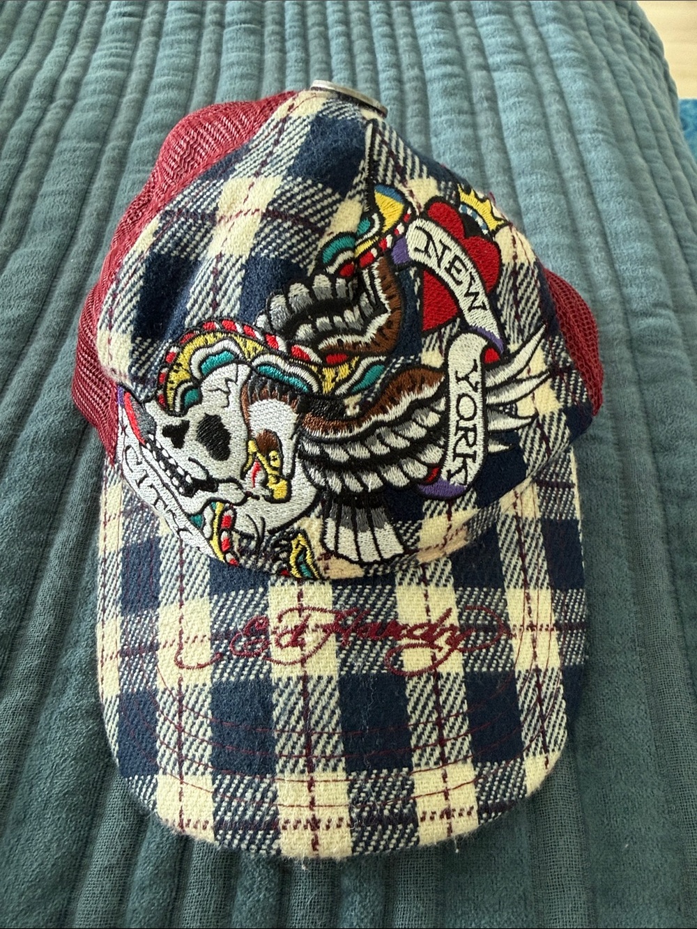 Ed Hardy Plaid Trucker Hat - Navy, Cream & Red